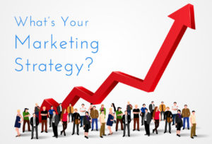crowd of people among a giant red arrow moving upwards with the title "What's Your Marketing Strategy?"