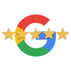 Google logo with overlay of five gold stars