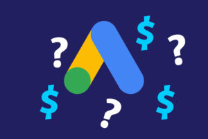 Google Ads logo surrounded by question marks and dollar signs