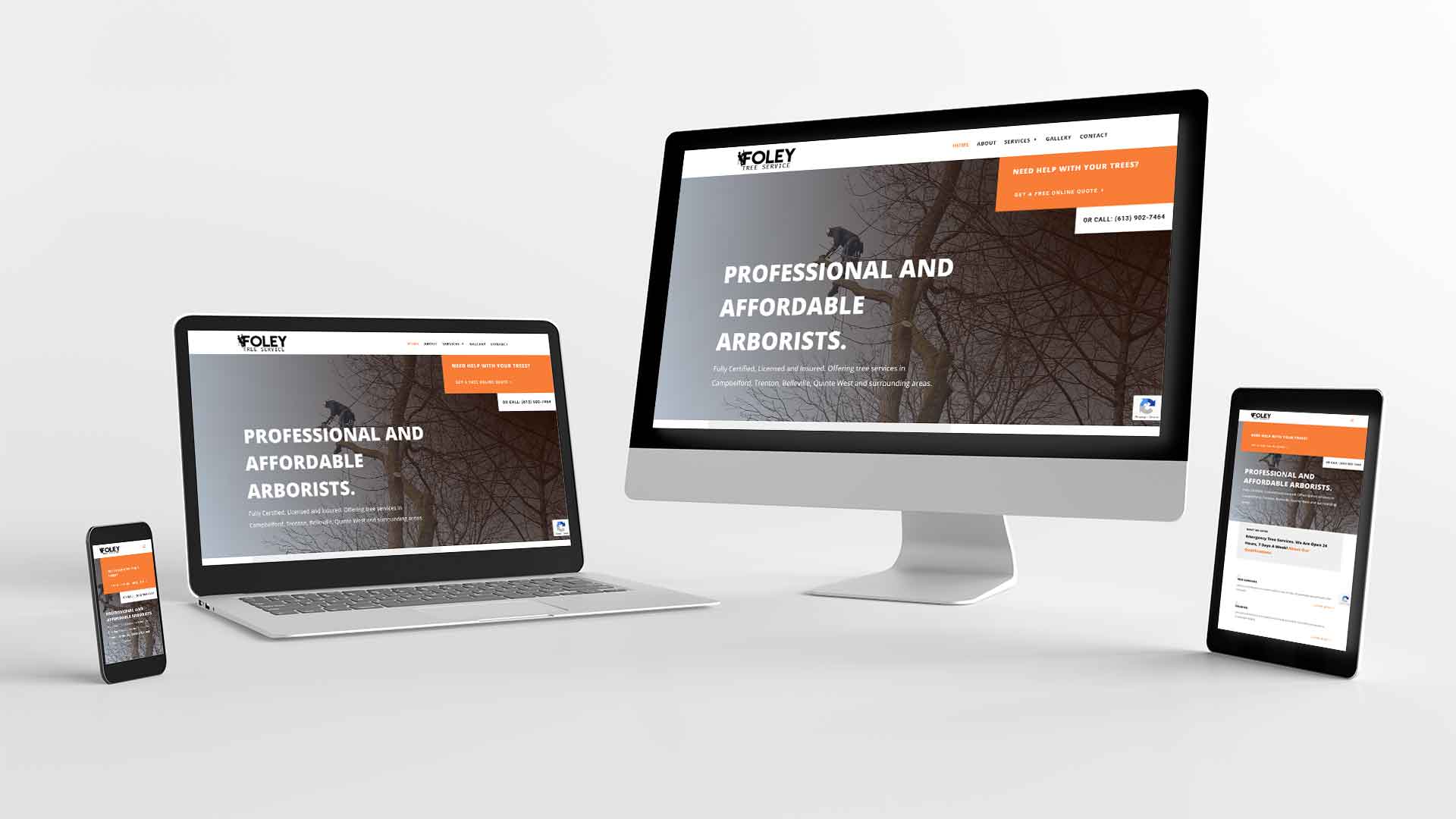 Phone, laptop, desktop and tablet displaying Foley Tree Service website